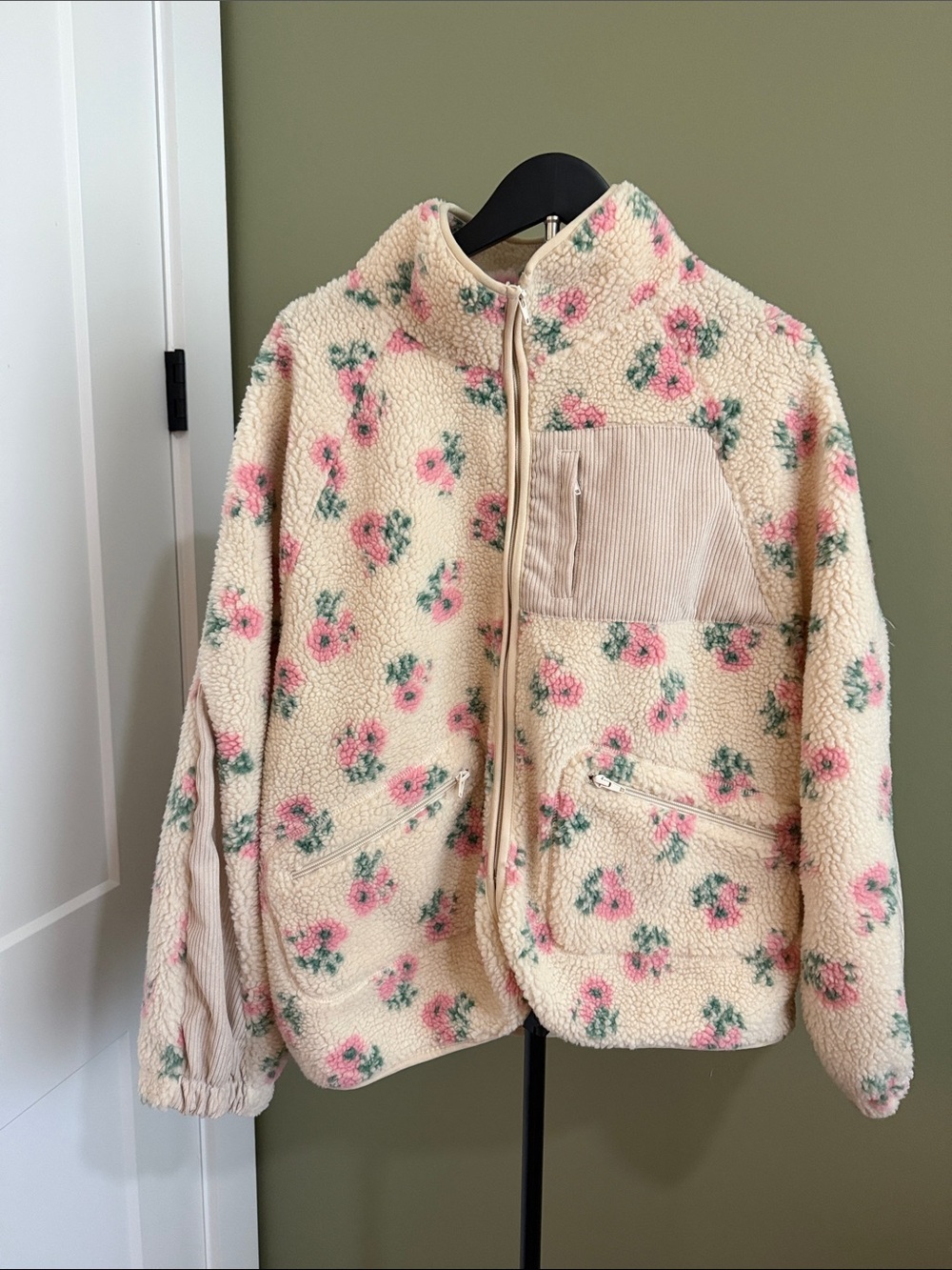 Cream Floral Sherpa Zip Jacket